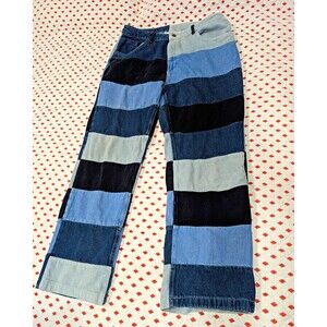 Ragged Men’s Patchwork Striped Corduroy Denim Jeans Blue/Black Straight